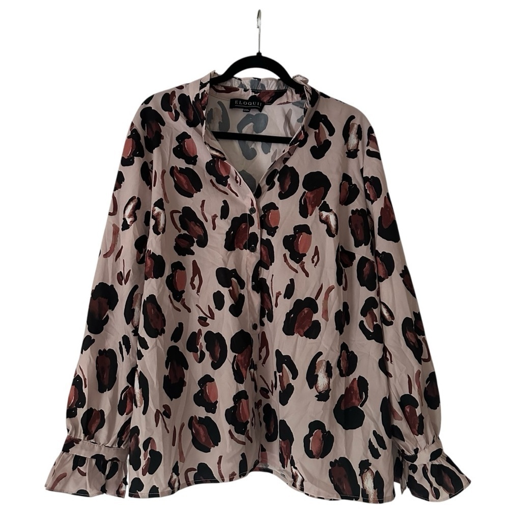 Eloquii Women’s 18 Leopard Printed Button Down Shirt with Ruffle Neck